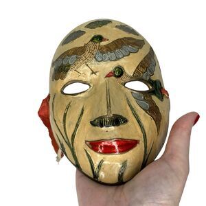 Vtg. Brass Mask Hand Painted Birds Enamel Wall Art‎ Theater Decor Maximalist